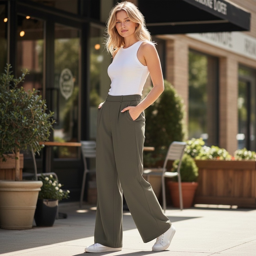 Halara Wide Leg Trousers Women Small Olive Green Excellent Pleated High Rise
